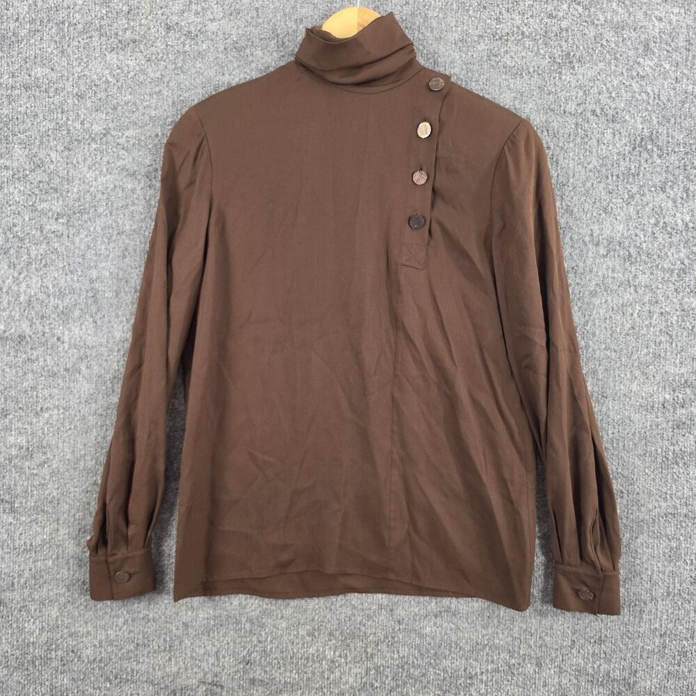 Vintage Valentino Blouse 6 Structured Brown Silk Turtleneck Elegant Office Chic